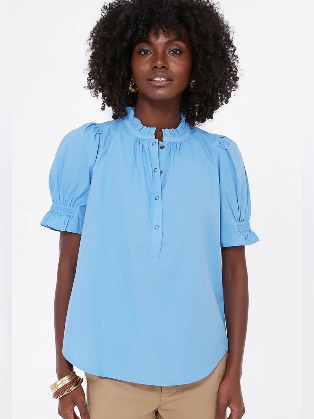 Apiece Apart Los Altos Top Blue Organic Cotton Puff Sleeve Blouse Size S